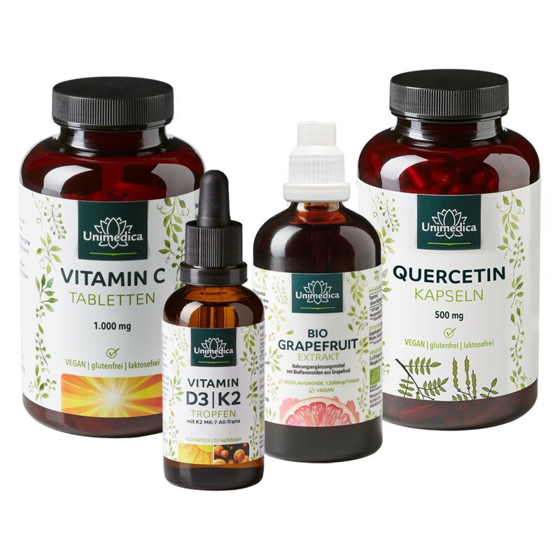 Sparset: Vitamin D3 / K2 MK7 All-trans - 50 ml + Bio Grapefruitkernextrakt - 100 ml + Quercetin - 120 Kapseln + Vitamin C - 180 Tabletten - von Unimedica