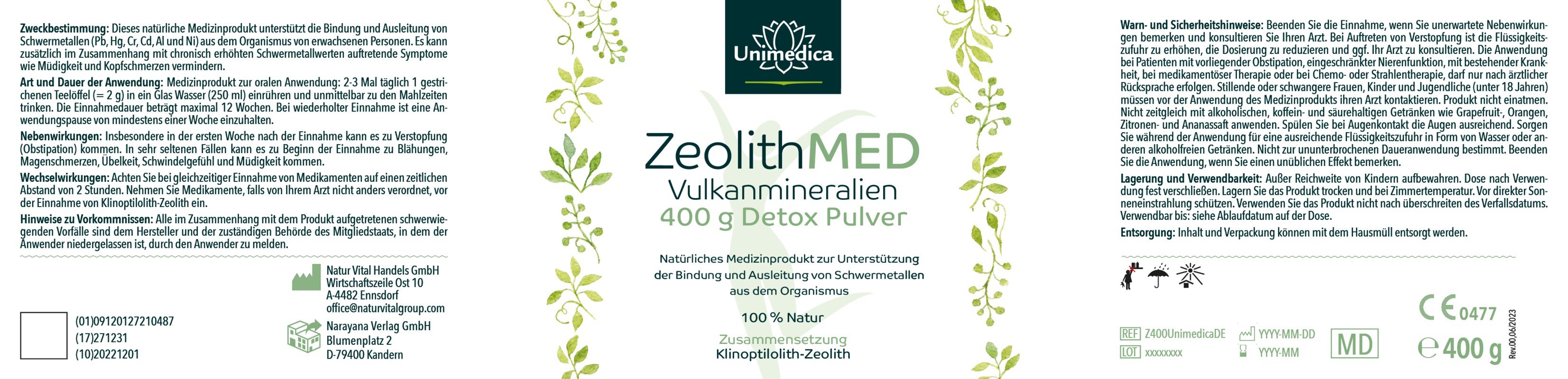 2er-Sparset: ZeolithMED Detox Pulver - Vulkanmineralien - 2 x 400 g - von Unimedica