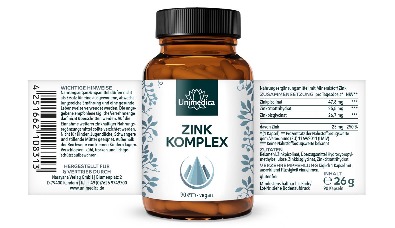 Zink Komplex - 3 Formen - 25 mg Zink pro Tagesdosis (1 Kapsel) - hochdosiert - 90 Kapseln - von Unimedica