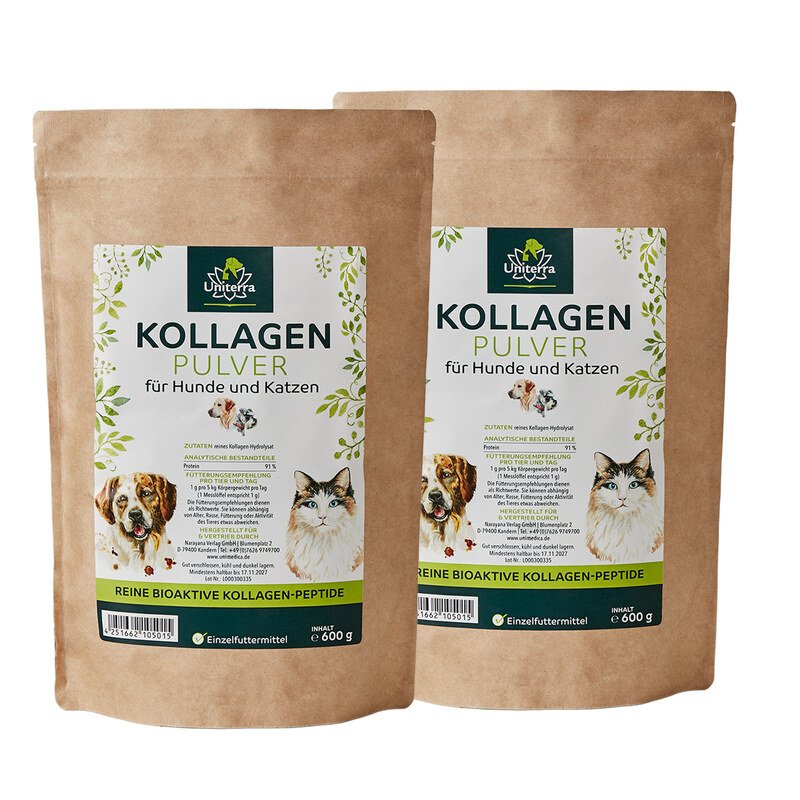 2er-Sparset: Kollagen Pulver für Hunde und Katzen - Kollagen-Hydrolysat vom Rind - Einzelfuttermittel - 2 x 600 g - von Uniterra