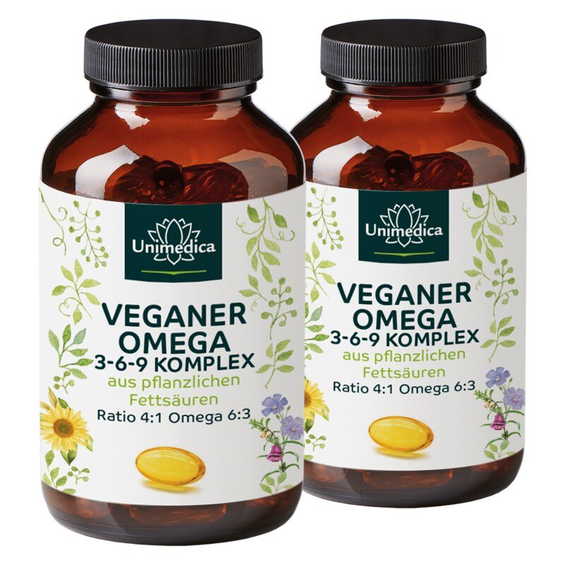 2er-Sparset: Veganer Omega 3-6-9 Komplex - aus pflanzlichen Omega-Fettsäuren - 2 x 180 Softgelkapseln - vegan - von Unimedica