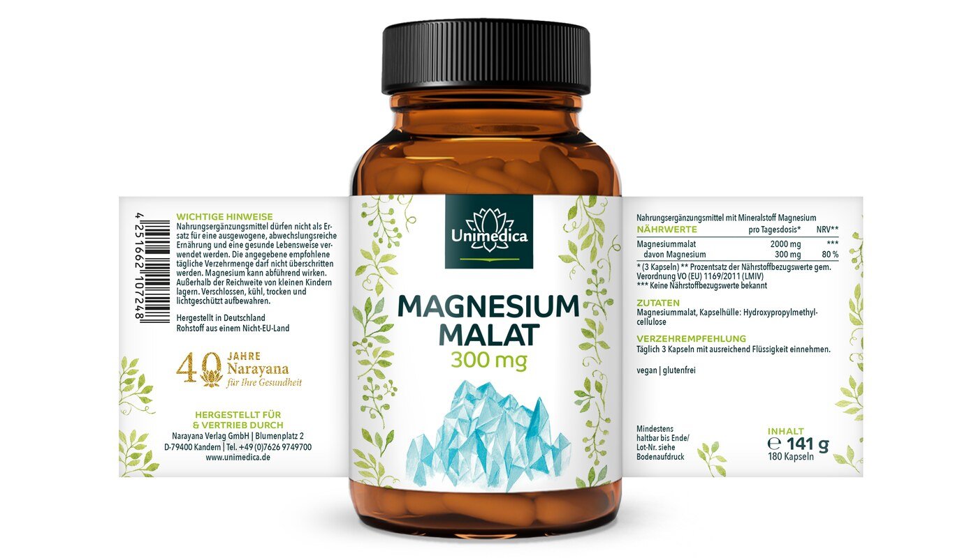 Magnesium Malat  - 300 mg Magnesium pro Tagesdosis (3 Kapseln) - 180 Kapseln - von Unimedica