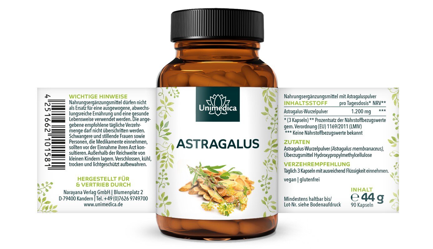 Astragalus - 1.200 mg pro Tagesdosis - 90 Kapseln - von Unimedica