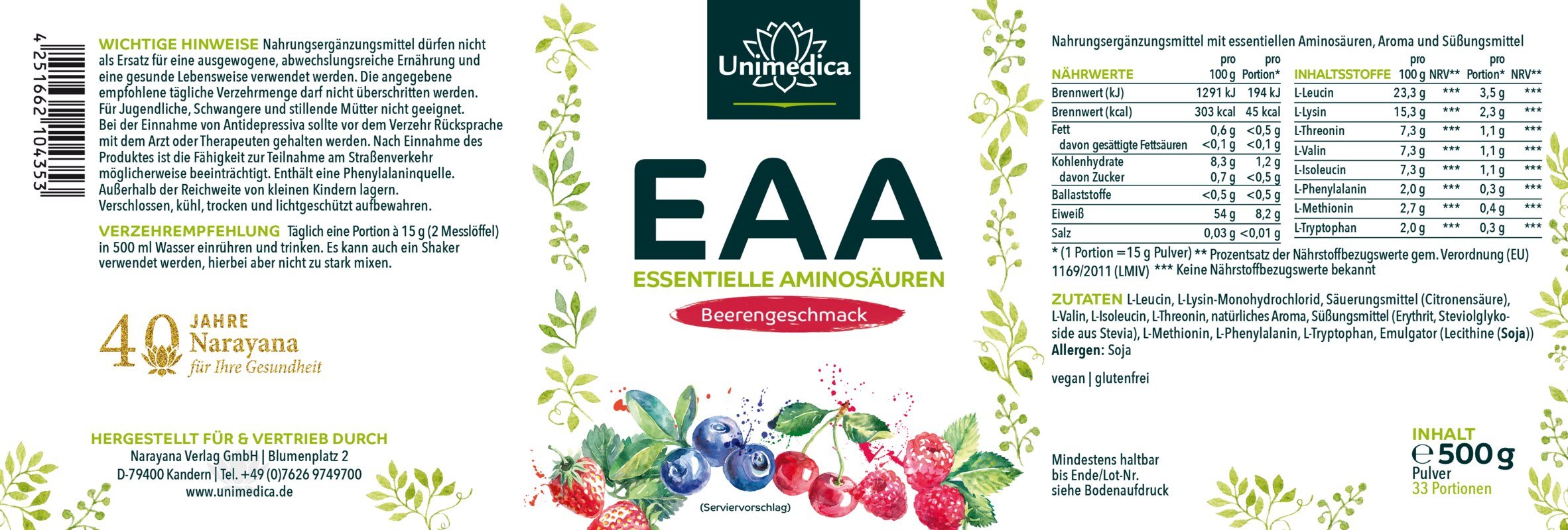Sparset: EAA - Essentielle Aminosäuren - Pulver mit Beerengeschmack - 500 g + Unimedica Protein Shaker - 500 ml - von Unimedica