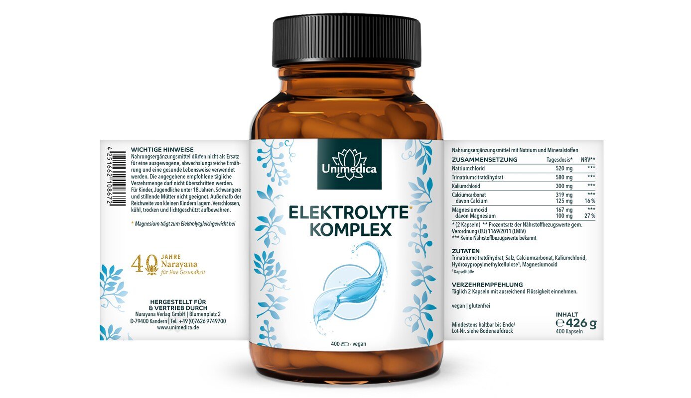 Elektrolyte Komplex mit Natrium, Kalium, Calcium und Magnesium - Keto geeignet - 400 Kapseln - von Unimedica