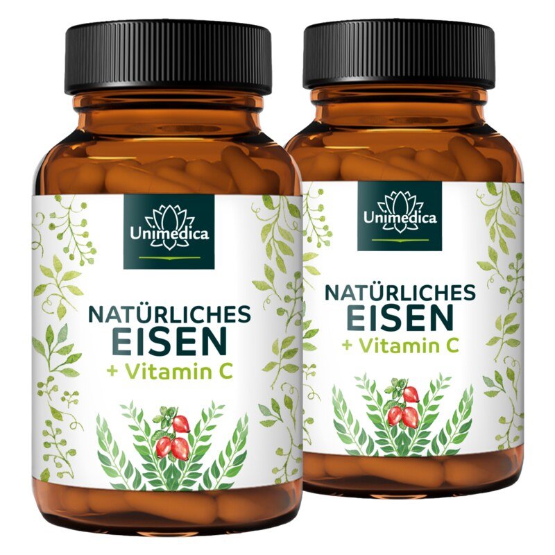 2er-Sparset: Natürliches Eisen aus Curryblatt Extrakt + Vitamin C aus Hagebutten Extrakt - 28 mg Eisen + 160 mg Vitamin C pro Tagesdosis (2 Kapseln) - 2 x 180 Kapseln - von Unimedica