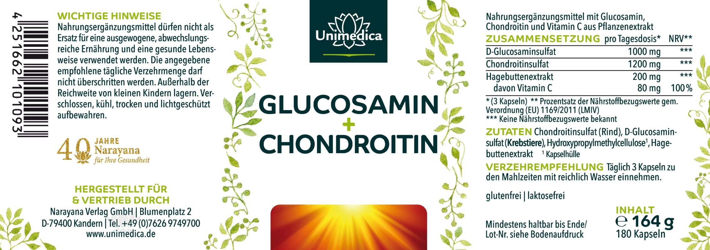 Glucosamin + Chondroitin - hochdosiert - 180 Kapseln - von Unimedica