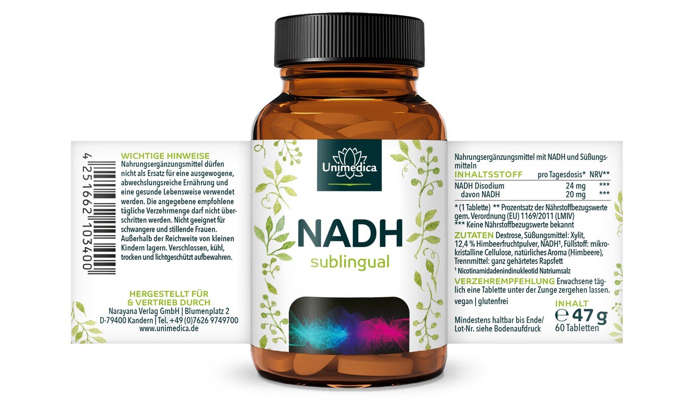 NADH sublingual - 20 mg pro Tagesdosis (1 Tablette) - 60 Tabletten - von Unimedica