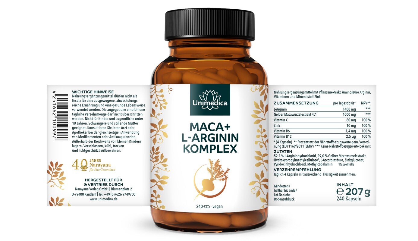 2er-Sparset: Maca + L-Arginin Komplex forte mit den Vitaminen C, B6, B12 und Zink - hochdosiert - 2 x 240 Kapseln - von Unimedica
