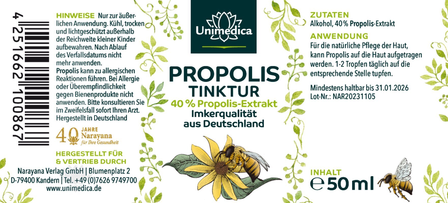 Sparset: Propolis 40 % Tinktur - 50 ml & Bienensalbe - mit Bienenwachs und Propolis - 30 ml - von Unimedica