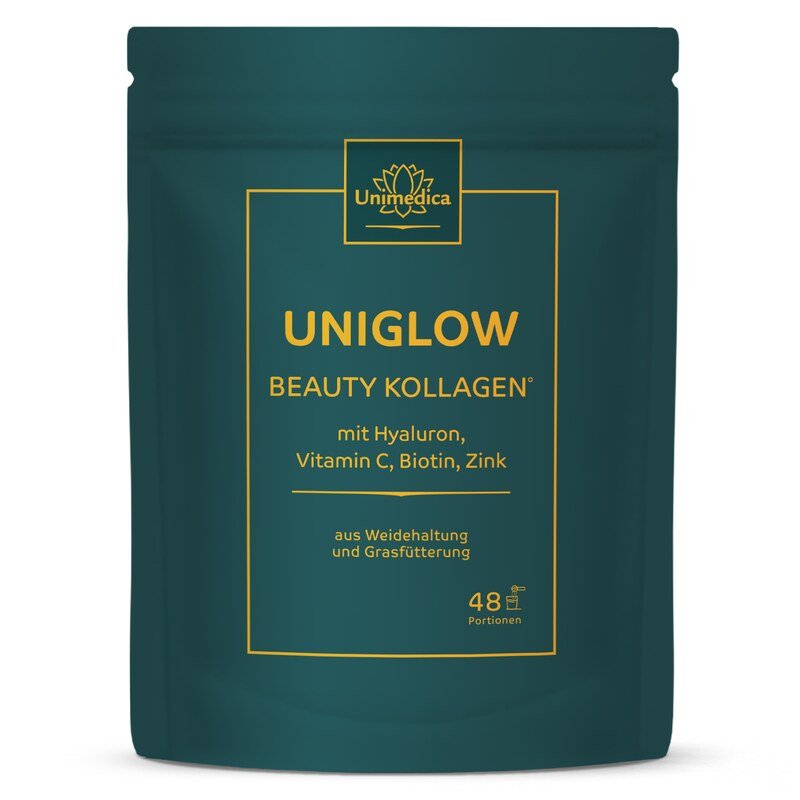 Uniglow Beauty Kollagen - Komplex mit Kollagen aus Grasfütterung + Vitamin C, Biotin und Zink -  500 g Pulver - von Unimedica