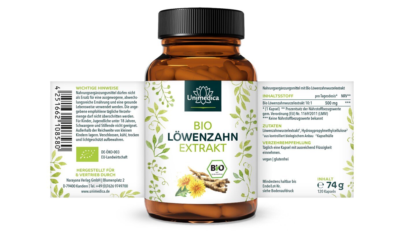 Bio Löwenzahn Extrakt - 500 mg pro Tagesdosis (1 Kapsel) - 120 Kapseln - von Unimedica