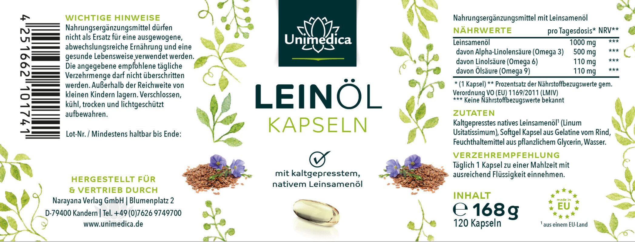 Leinöl mit pflanzlichen Omega Fettsäuren 3-6-9 - 1.000 mg pro Tagesdosis (1 Kapsel) - 120 Softgelkapseln - von Unimedica