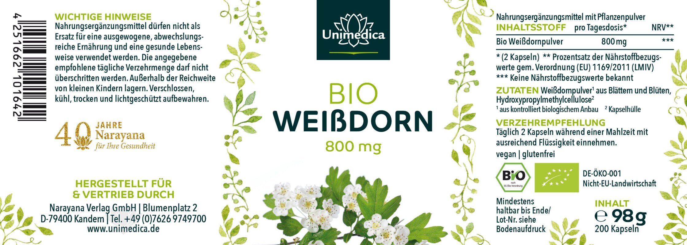 2er-Sparset: Bio Weißdorn - 800 mg pro Tagesdosis (2 Kapseln) - 2 x 200 Kapseln - von Unimedica