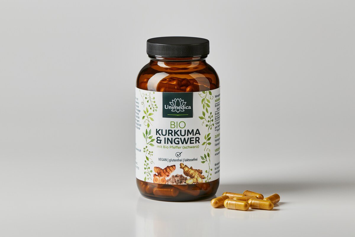 Bio Kurkuma & Ingwer mit Bio Pfeffer (schwarz) - 180 Kapseln - von Unimedica