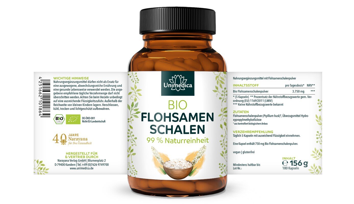 Bio Flohsamenschalen  - 3.750 mg pro Tagesdosis (5 Kapseln) - 180 Kapseln - von Unimedica