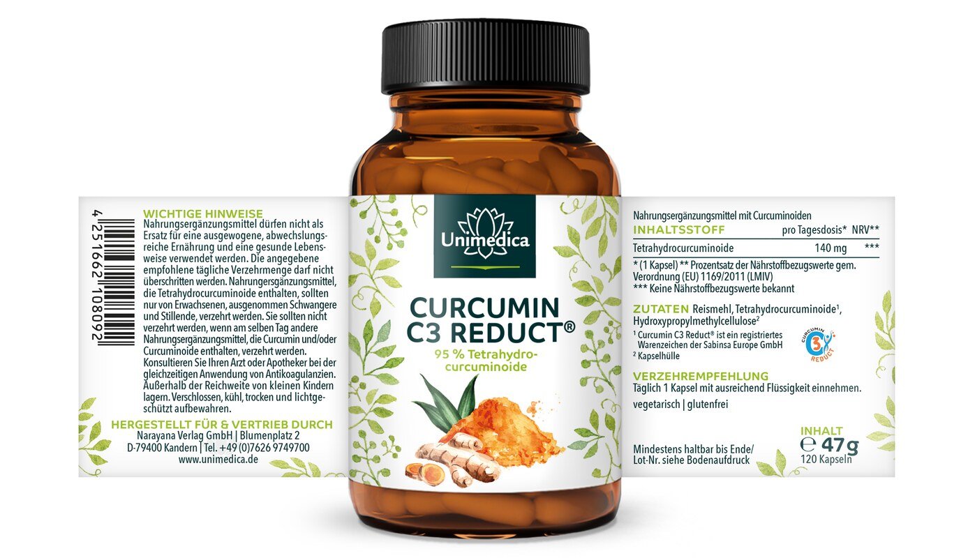 Curcumin C3 Reduct - 140 mg reine Curcuminoide pro Tagesdosis (1 Kapsel) - 120 Kapseln - von Unimedica