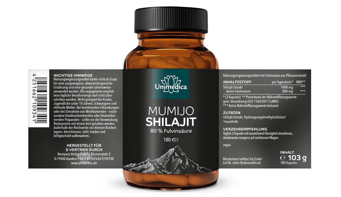 Mumijo Shilajit mit 80% Fulvinsäure - 180 Kapseln - von Unimedica