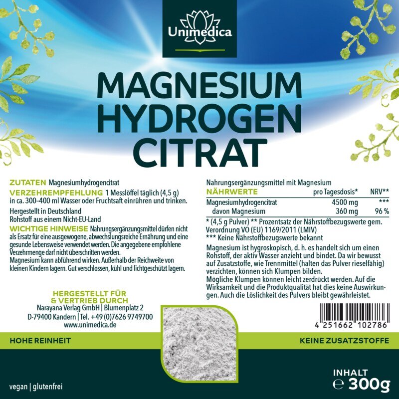 Magnesiumcitrat Pulver - enthält 8 % elementares Magnesium - 300 g - von Unimedica