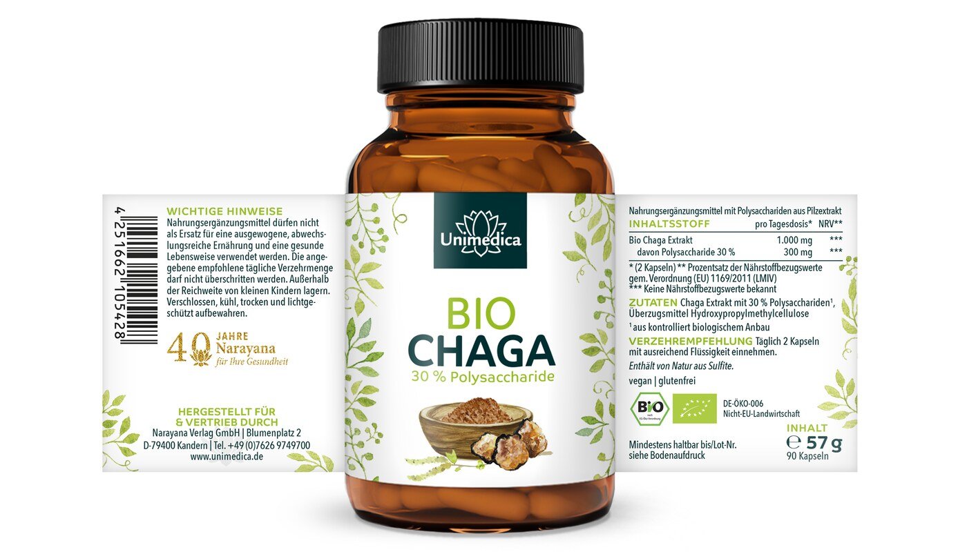 Bio Chaga - 1000 mg pro Tagesdosis (2 Kapseln) - Extrakt mit 30 % Polysacchariden - hochdosiert - 90 Kapseln - von Unimedica