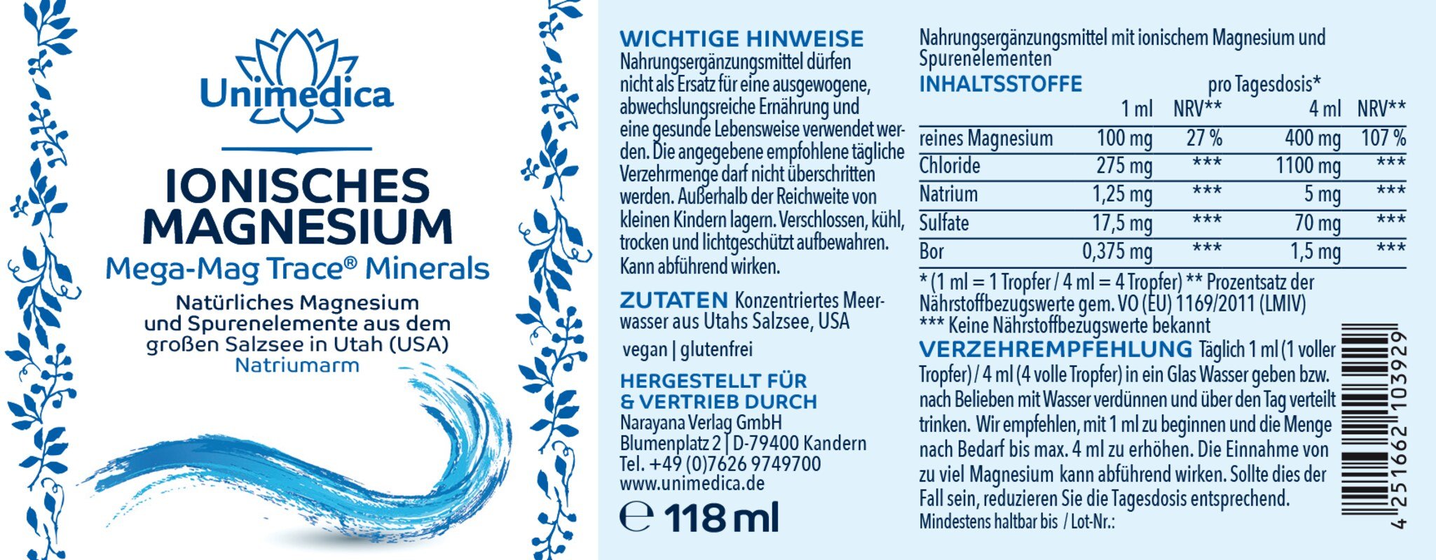 Magnesium ionische Tropfen von Mega Mag Trace ® Minerals aus dem großen Utah-Salzsee - 118 ml - von Unimedica