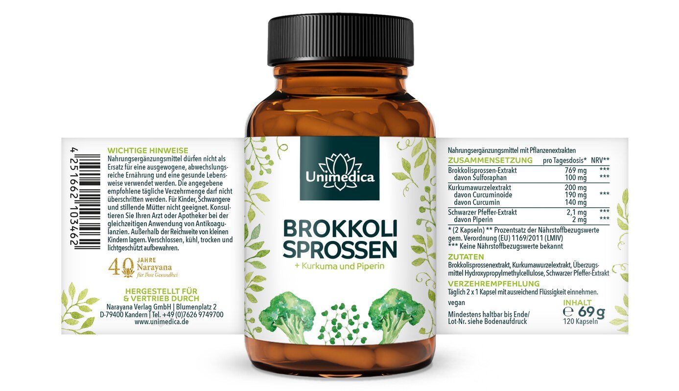 2er-Sparset: Brokkoli Sprossen Extrakt - 100 mg Sulforaphan pro Tagesdosis - 2 x 120 Kapseln - von Unimedica
