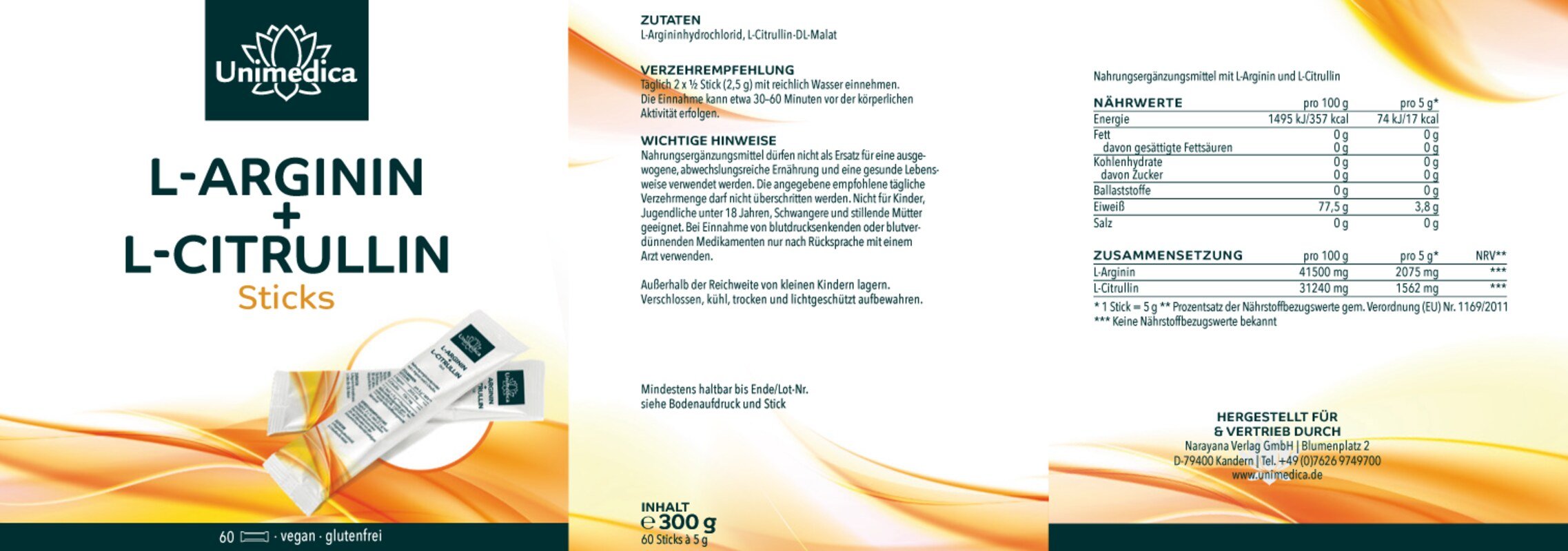 L-Arginin + L-Citrullin Pulver - vegan - 60 Sticks - von Unimedica