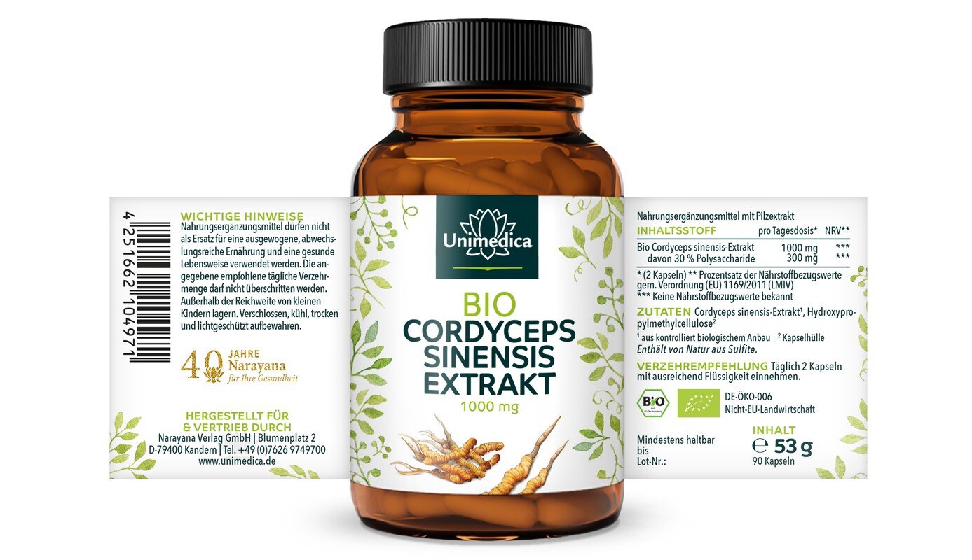 Bio Cordyceps - 1000 mg pro Tagesdosis (2 Kapseln) - mit 30 % Polysacchariden - hochdosiert - 90 Kapseln - von Unimedica